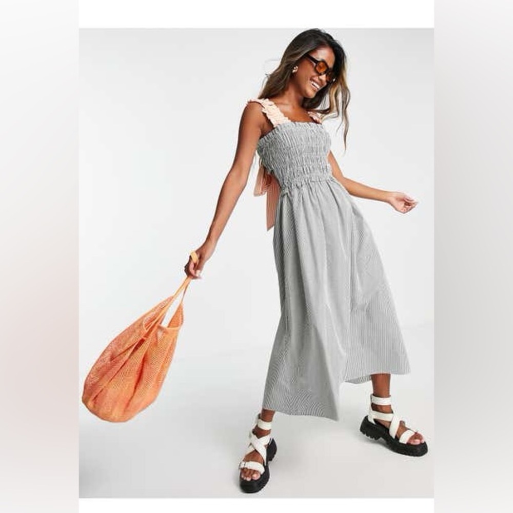Topshop smocked stripe midi dress